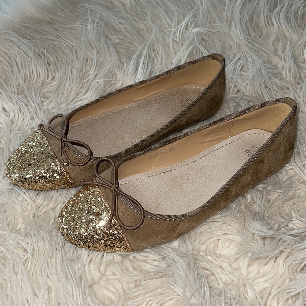 Gold Glitter Toe Leather Flats 8 39